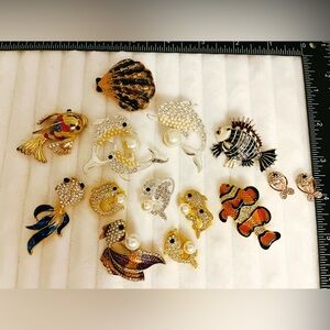 Lot of 14 Coastal Brooches - Sea Life Jewelry: Dolphins, Goldfish, Clamshell